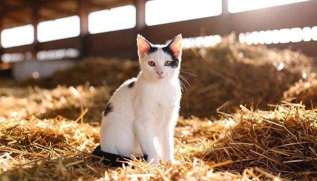 White and black kitten in a barn