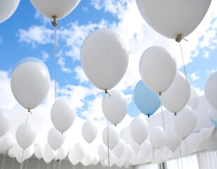 White and light blue balloons against a partly cloudy sky
