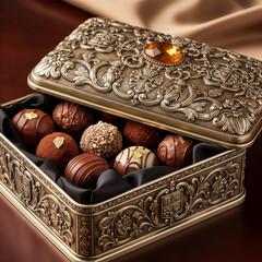 Assorted chocolates in a decorative keepsake tin box