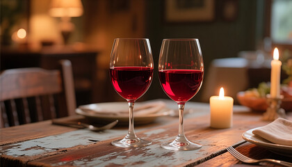 Red wine glasses on rustic wooden dining table for a cozy evening