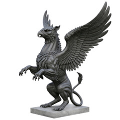 Majestic dark grey stone griffin sculpture with majestic outstretched wings and powerful talons poised on a square granite pedestal with a