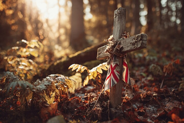 Solemn remembrance in autumn: A weathered cross amidst forest foliage at sunset