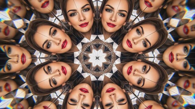 Woman's face transforming in kaleidoscope pattern with colorful reflections in an abstract optical illusion footage.