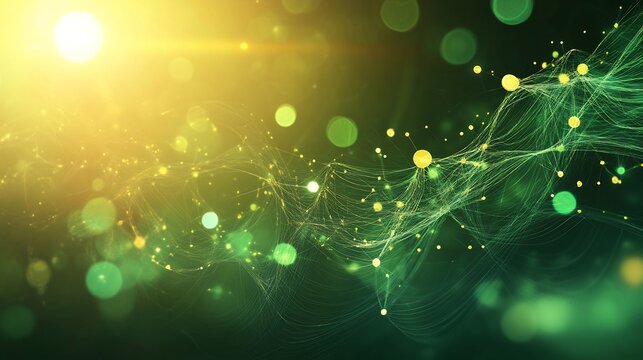 Abstract green and yellow particles forming a wave with bokeh effect - Powered by Adobe