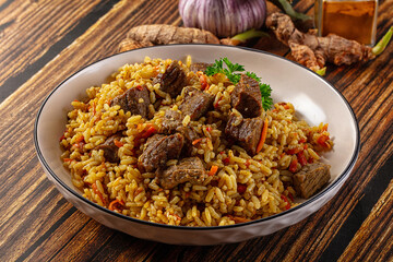 Asian traditional pilaf with beef
