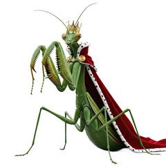 Majestic green praying mantis regal portrait adorned with a golden crown and a luxurious red velvet royal cape trimmed with white fur standing tall