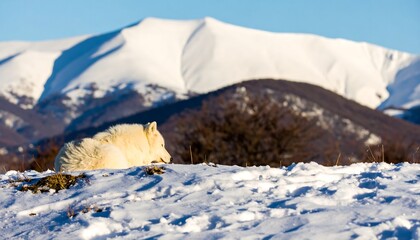 White animal resting in snowy mountain landscape