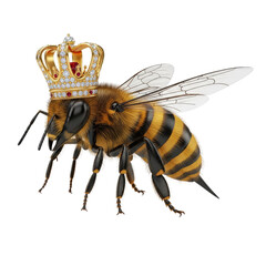 Majestic Honeybee Queen Adorned with a Dazzling Golden Crown Intricately Detailed with Sparkling Red and White Gemstones Set Against a Transparent