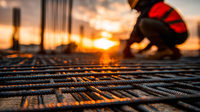 A construction worker works on a steel reinforcement mesh against a sunset backdrop.