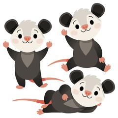 A set of cartoon smiling cute possums in different poses