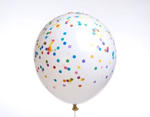 White balloon decorated with colorful confetti dots