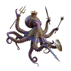 Majestic regal octopus warrior adorned in ornate golden armor and a royal crown holding a trident sword scepter and shield in a dynamic battle pose
