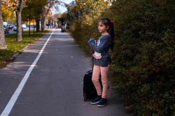 Fototapeta premium Young girl waiting with travel suitcase on sidewalk