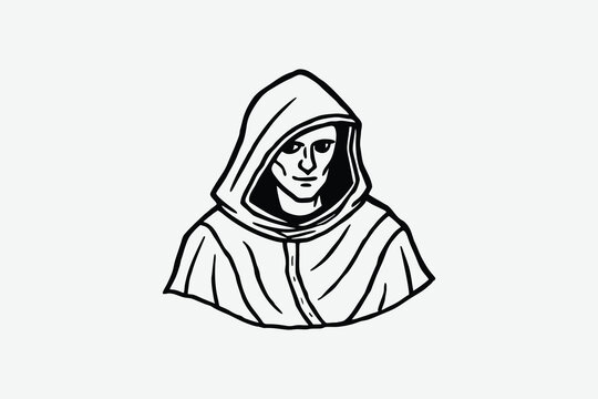 Mysterious hooded figure with intricate facial details a striking silhouette