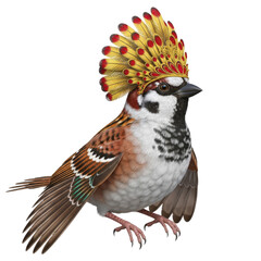 Majestic Sparrow Adorned with a Vibrant Golden and Red Feathered Headdress Featuring Intricate Beadwork and a Regal Crown Symbolizing Royalty and