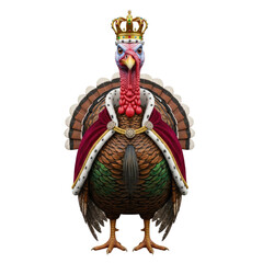Majestic Turkey King adorned with a regal golden crown and a deep crimson royal cape trimmed with ermine symbolizing Thanksgiving royalty and autumn