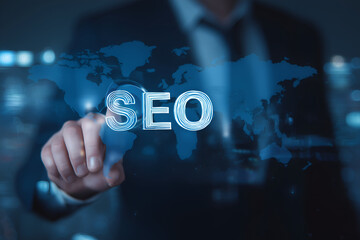 Digital Optimization: Finger touches the world map displaying SEO, a vital process for global online success.