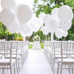 White balloons and chairs in a ceremony aisle