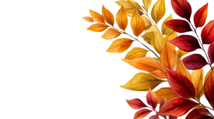Vibrant Watercolor Autumn Foliage in a Striking Gradient, from Golden Yellow to Fiery Red, Creating a Beautiful Seasonal Border, Transparent Cutout