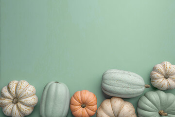 Modern autumn flat lay with pastel pumpkins on light green background with copy space, minimalist seasonal composition for Thanksgiving, fall harvest, banner design template invitations