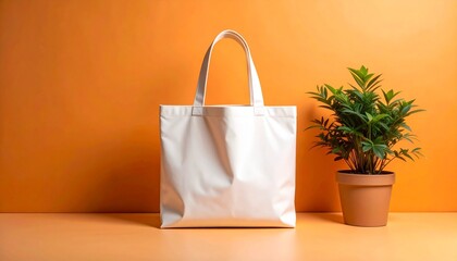 White tote bag with black handles hanging beside white pot with green leafy plant—set against bold orange background