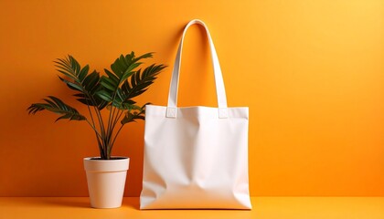White tote bag with black handles hanging beside white pot with green leafy plant—set against bold orange background
