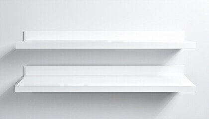 Two white floating shelves mounted horizontally on white wall with soft shadows