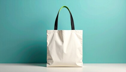 Beige tote bag with black handles and green accents—standing upright against gradient