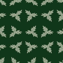 Seamless pattern with monochrome light green silhouettes of leaves and mistletoe berries on dark green. Perfect for Christmas, winter decor, textile, fabric, wrapping paper design, festive decorations