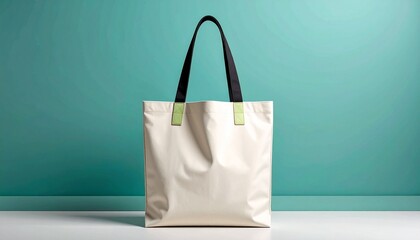 Beige tote bag with black handles and green accents—standing upright against gradient