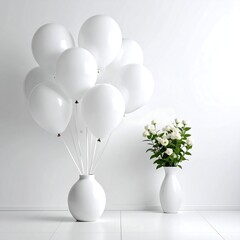 White balloons and flowers on a white background