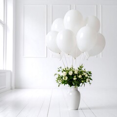 White balloons and flowers in a vase