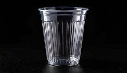 Transparent plastic cup with vertical ridges and flared rim—standing upright against black background