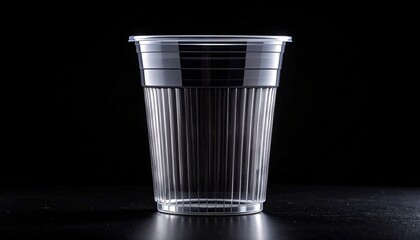 Transparent plastic cup with vertical ridges and flared rim—standing upright against black background