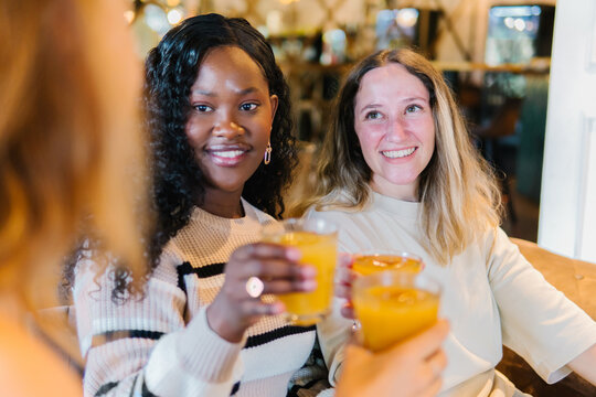 Diverse group of women friends celebrating friendship, enjoying drinks, smiling, toasting, and socializing together in a cafe, expressing happiness and connection