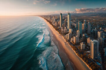 Stunning Beach View of Gold Coast With Skyscrapers at Sunset Capturing Urban Beauty and Nature