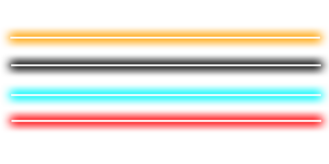 Set of glowing neon light lines in orange, blue, gray, and yellow tones on transparent background, modern digital luminous design element