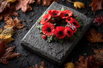Remembrance Day still life with vibrant poppies, autumn leaves and British flag symbol