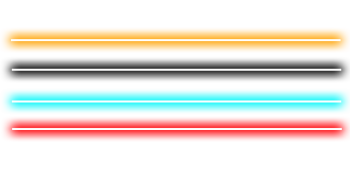Set of glowing neon light lines in orange, blue, gray, and yellow tones on transparent background, modern digital luminous design element
