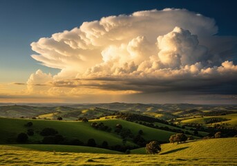 Dramatic cumulonimbus cloud formation over rolling green hills at sunset