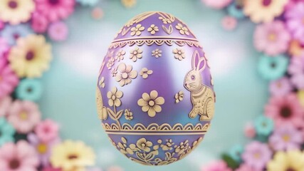 Ornate easter egg with bunny and floral patterns rotates, symbolizing spring holiday celebration and tradition, computer animation. - Powered by Adobe