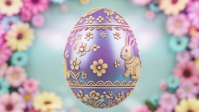 Ornate easter egg with bunny and floral patterns rotates, symbolizing spring holiday celebration and tradition, computer animation.