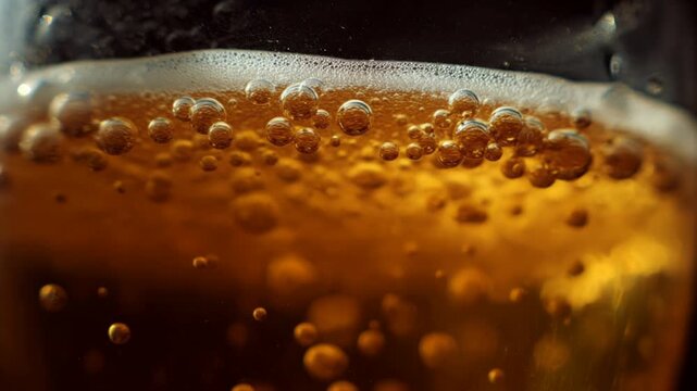 Close-up of fizzy amber liquid, bubbles rising in a chilled drink, evokes refreshing summer vibes and casual celebrations