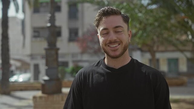 Young man with beard standing on city street wearing black shirt on a sunny day, surrounded by urban buildings and trees, showing both serious and smiling expressions outdoors.