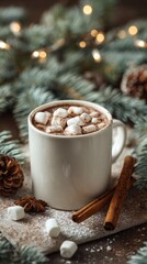 Fototapeta premium Warm and cozy hot chocolate topped with marshmallows, surrounded by pine branches and festive decorations, perfect for winter celebrations and holiday gatherings.