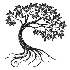 Stylized Black Tree of Life with Intricate Roots and Leaves on White Background stylized tree
