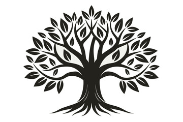 Symmetrical Black Tree of Life Silhouette with Detailed Roots and Leaves white background