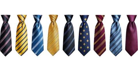 Assorted Neckties with Striped and Diamond Patterns isolated on a transparent background
