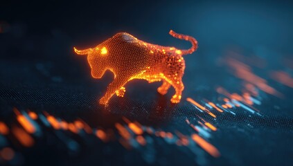 Digital art rendering of a glowing bull figure over a blurred background of charts