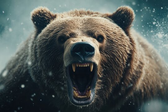 Roaring Grizzly Bear: Witness the untamed ferocity of a grizzly bear in a moment of intense focus and primal roar, showcasing its impressive features and imposing presence.